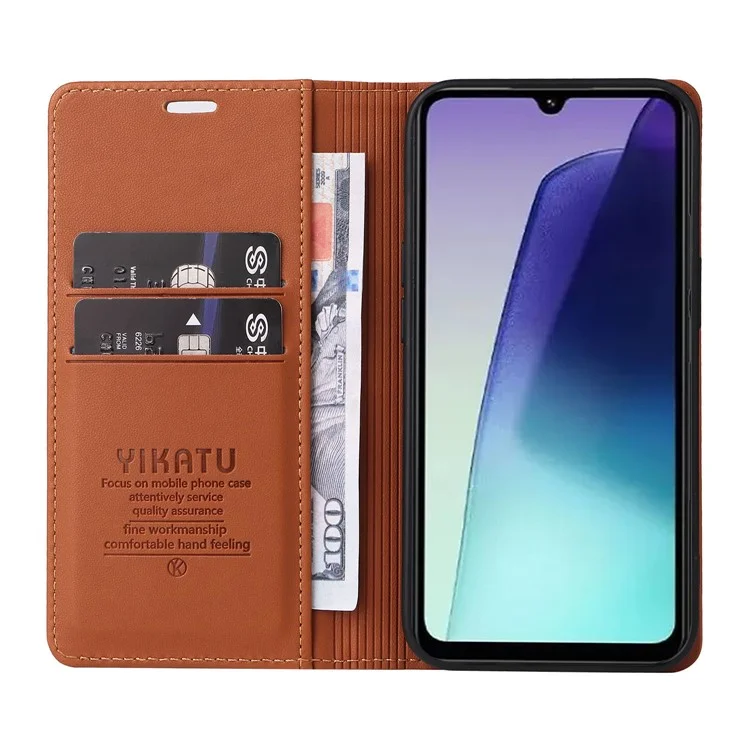 YIKATU YK-001 для Xiaomi Poco C75 4G / Redmi 14R 5G / 14C 4G Чехол со стойкой Кожаный чехол для телефона Сильная магнитная застежка - Коричневый