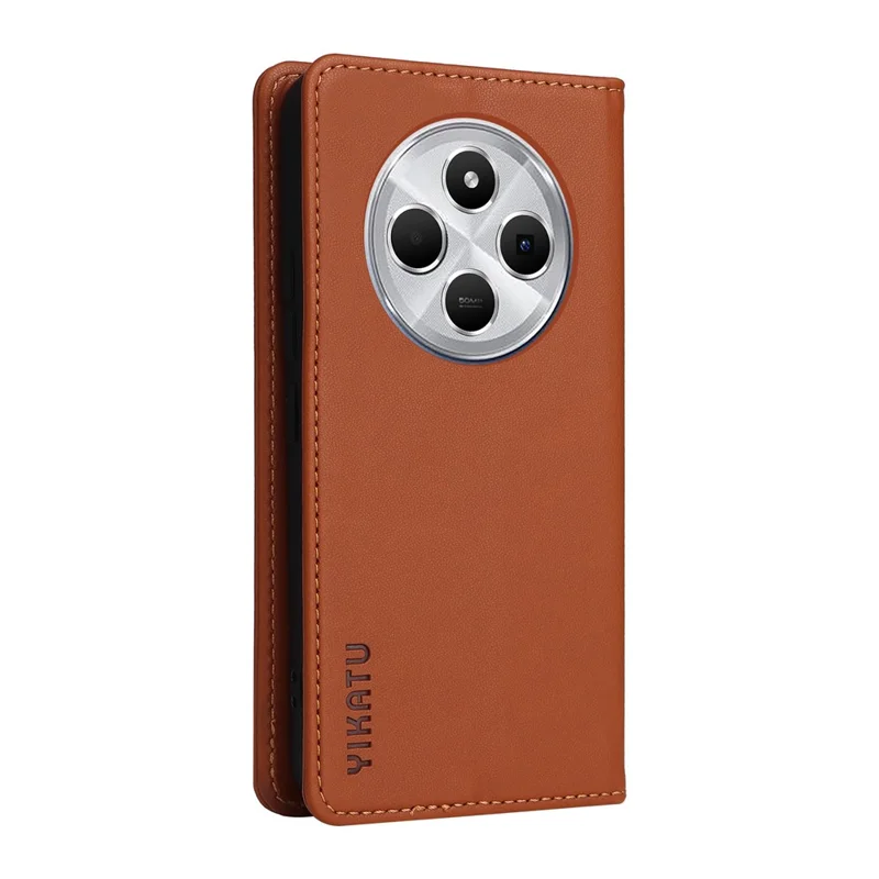 YIKATU YK-001 для Xiaomi Poco C75 4G / Redmi 14R 5G / 14C 4G Чехол со стойкой Кожаный чехол для телефона Сильная магнитная застежка - Коричневый