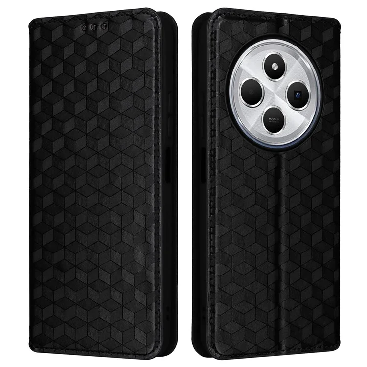 Para Xiaomi Poco C75 4G / Redmi 14R 5G / 14C 4G Capa Carteira Padrão Rômbico em Couro - Preto