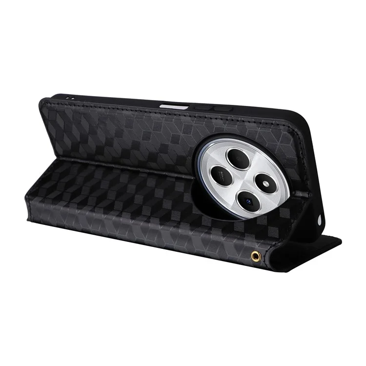 Para Xiaomi Poco C75 4G / Redmi 14R 5G / 14C 4G Capa Carteira Padrão Rômbico em Couro - Preto