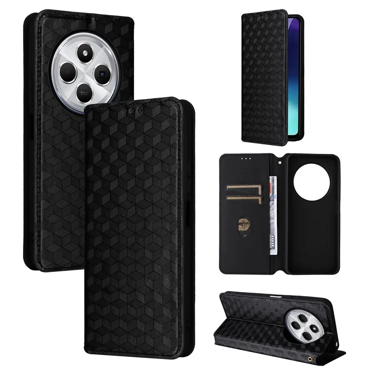 Para Xiaomi Poco C75 4G / Redmi 14R 5G / 14C 4G Capa Carteira Padrão Rômbico em Couro - Preto