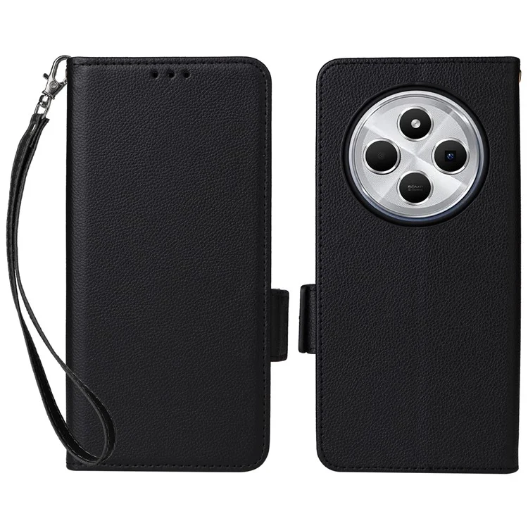 Para Xiaomi Redmi 14C 4G Case Litchi Textura PU Caulla de Catalha Tape de Topo de Tolo - Preto