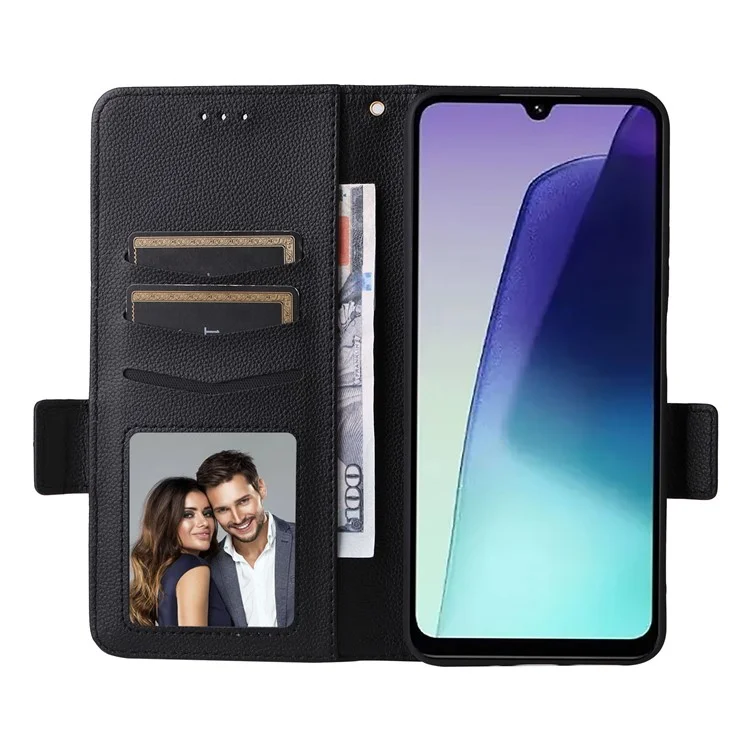Para Xiaomi Redmi 14C 4G Case Litchi Textura PU Caulla de Catalha Tape de Topo de Tolo - Preto