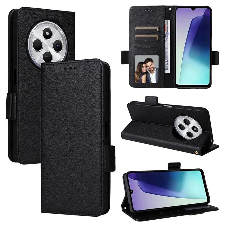 Para Xiaomi Redmi 14C 4G Case Litchi Textura PU Caulla de Catalha Tape de Topo de Tolo - Preto