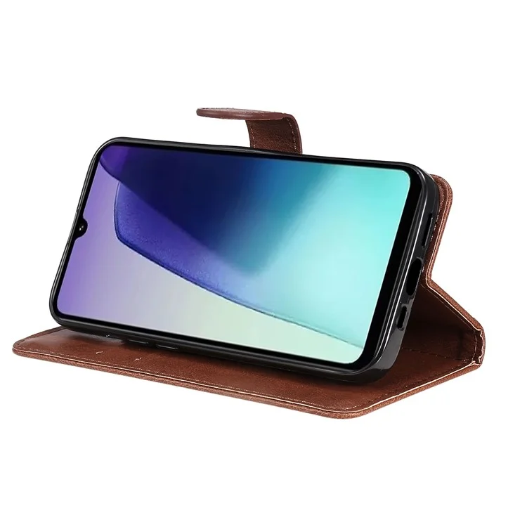 KT Leather Series-2 per Xiaomi Poco C75 4G / Redmi 14R 5G / 14C 4G Custodia Colore Solido in Pelle Custodia Portafoglio Stand - Marrone