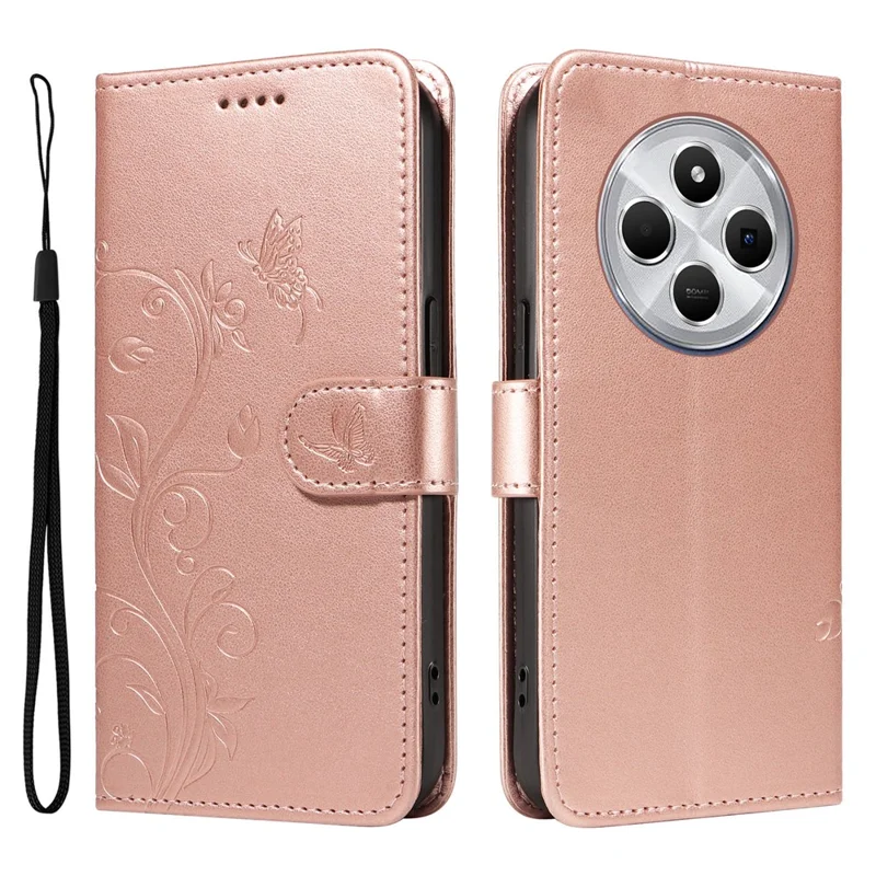 Para Xiaomi Redmi 14c 4G Case Patrón de Flores PU Cuero de Cuero Tapa Del Teléfono - Oro Rosa