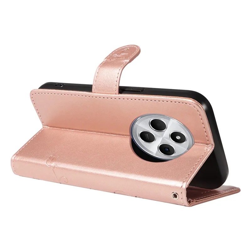 Para Xiaomi Redmi 14c 4G Case Patrón de Flores PU Cuero de Cuero Tapa Del Teléfono - Oro Rosa