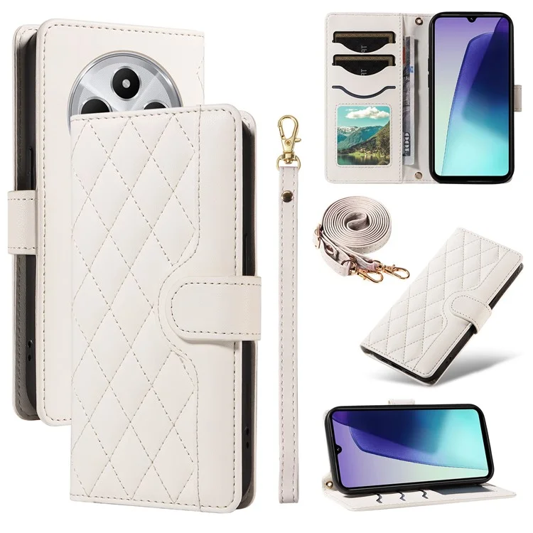 Для Xiaomi Redmi 14C 4G Case Wallet Rombus Кожаный Телефон с Плечевым Ремнем, Ремешком Для Запястья - Белый