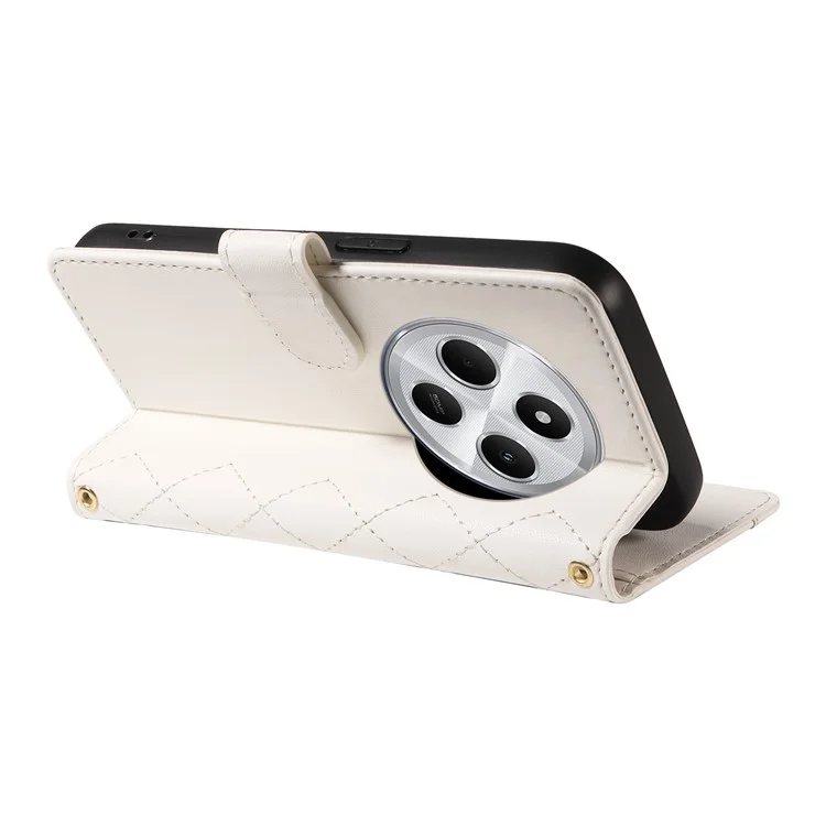 Для Xiaomi Redmi 14C 4G Case Wallet Rombus Кожаный Телефон с Плечевым Ремнем, Ремешком Для Запястья - Белый