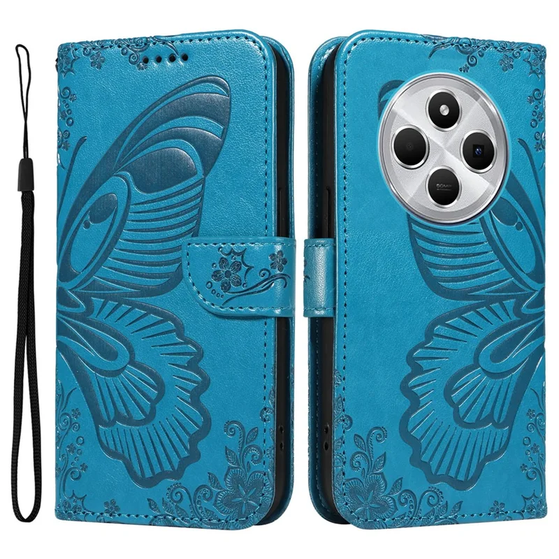 For Xiaomi Poco C75 4G / Redmi 14R 5G / 14C 4G Case Butterfly Pattern Leather Wallet Flip Phone Cover - Blue