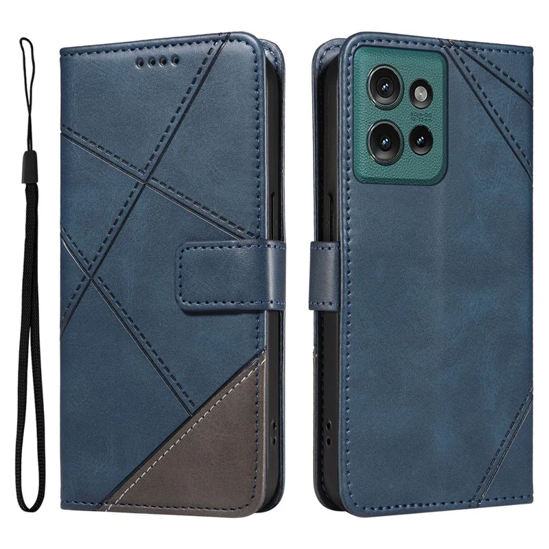 For Motorola Edge 50 5G Case Leather Geometric Line Wallet Phone Cover with Wrist Strap - Blue