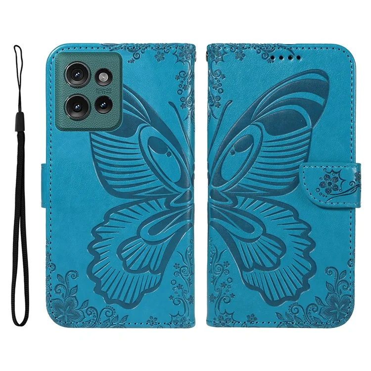 For Motorola Edge 50 5G Case Butterfly Pattern Leather Wallet Flip Phone Cover - Blue