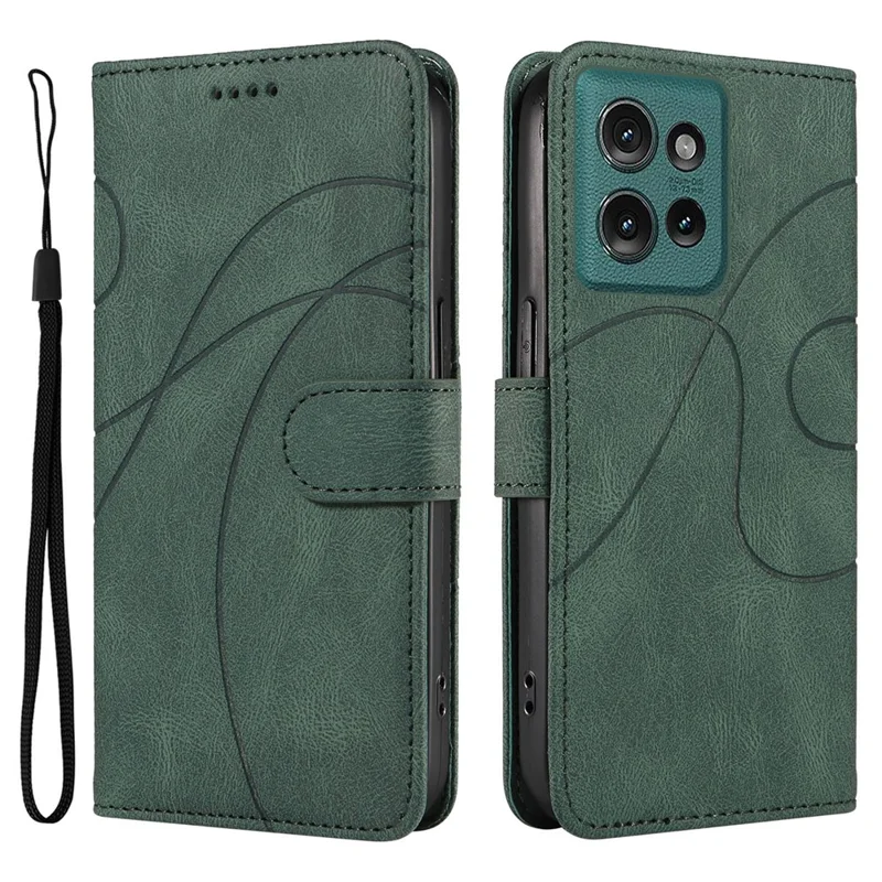 For Motorola Edge 50 5G Case Stand Wallet Leather Phone Cover Curved Line Wrist Strap - Green
