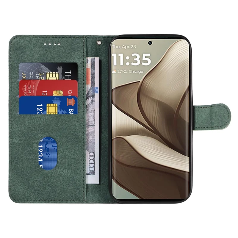 For Motorola Edge 50 5G Case Stand Wallet Leather Phone Cover Curved Line Wrist Strap - Green