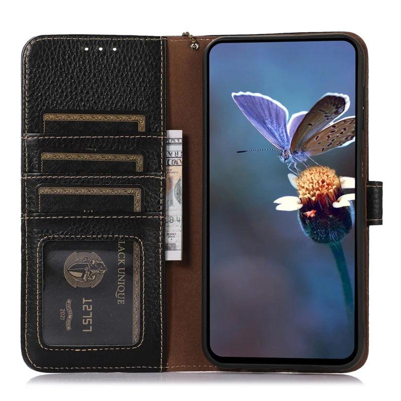 For Xiaomi Poco C75 4G / Redmi 14R 5G / 14C 4G Case RFID Blocking Litchi Texture Genuine Cow Leather Phone Cover - Black