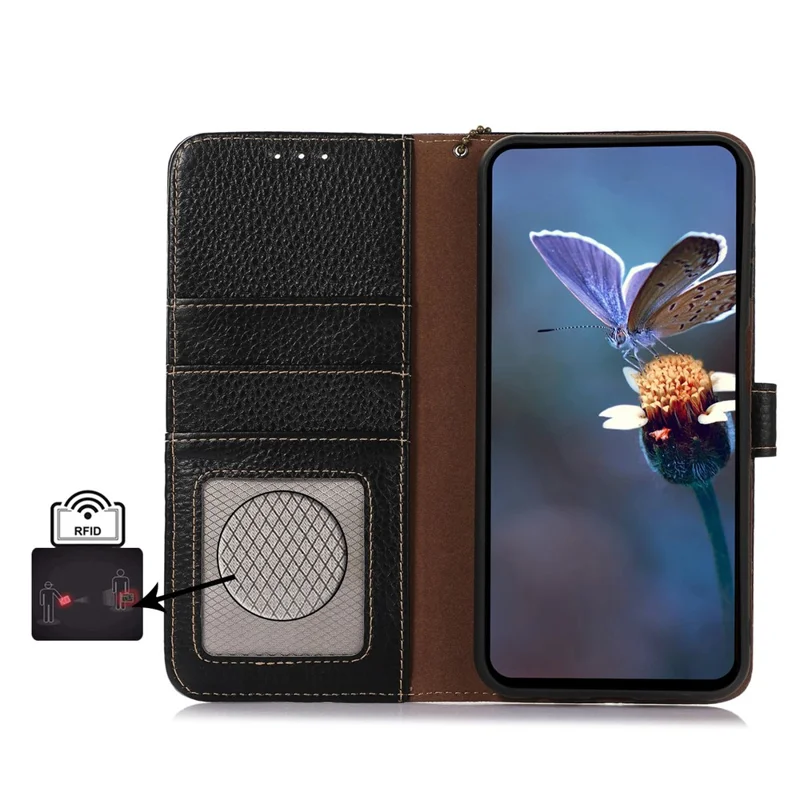 For Xiaomi Poco C75 4G / Redmi 14R 5G / 14C 4G Case RFID Blocking Litchi Texture Genuine Cow Leather Phone Cover - Black