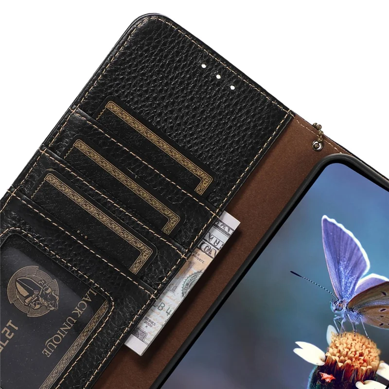 For Xiaomi Poco C75 4G / Redmi 14R 5G / 14C 4G Case RFID Blocking Litchi Texture Genuine Cow Leather Phone Cover - Black