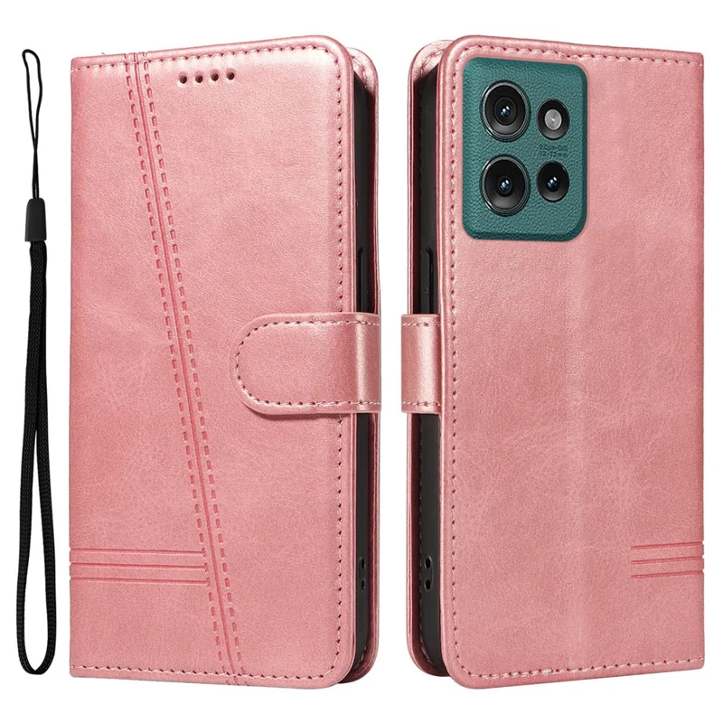 For Motorola Edge 50 5G Case Flip Wallet T-Shape Lines Leather Phone Cover - Rose Gold