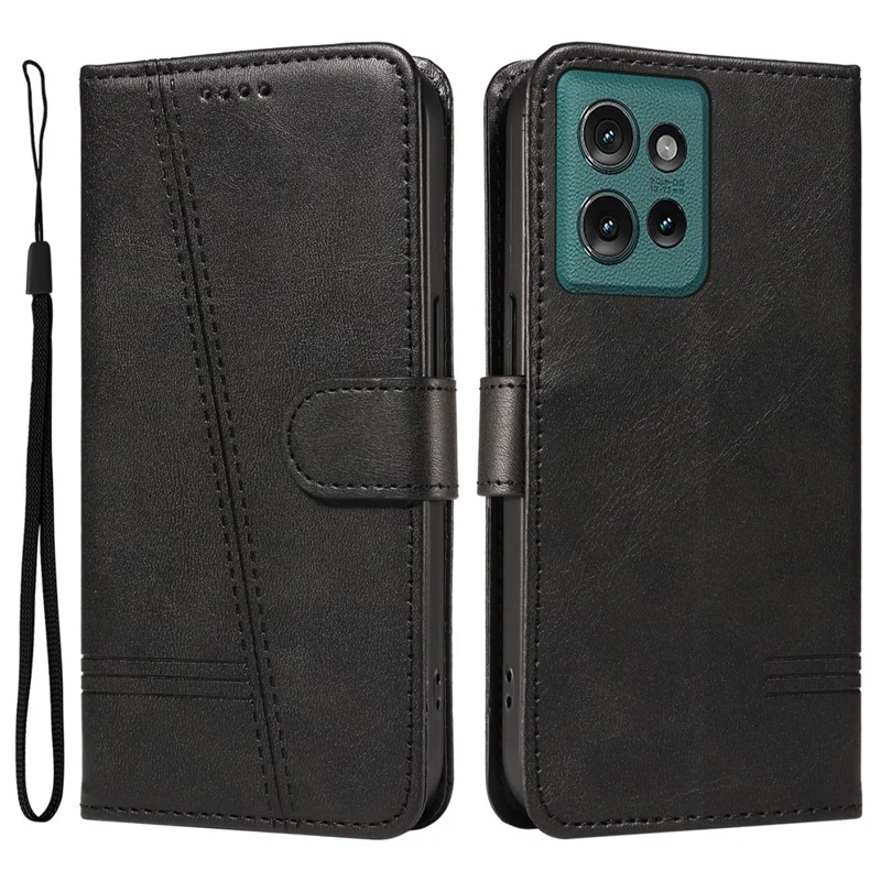 For Motorola Edge 50 5G Case Flip Wallet T-Shape Lines Leather Phone Cover - Black