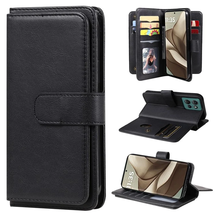 For Motorola Edge 50 5G Leather Case with 10 Card Holder Phone Cover Stand - Black