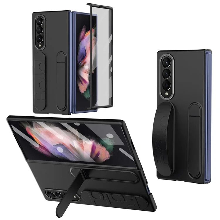 For Samsung Galaxy Z Fold3 5G Case Kickstand Wristband PC Phone Cover with Tempered Glass Film - Black
