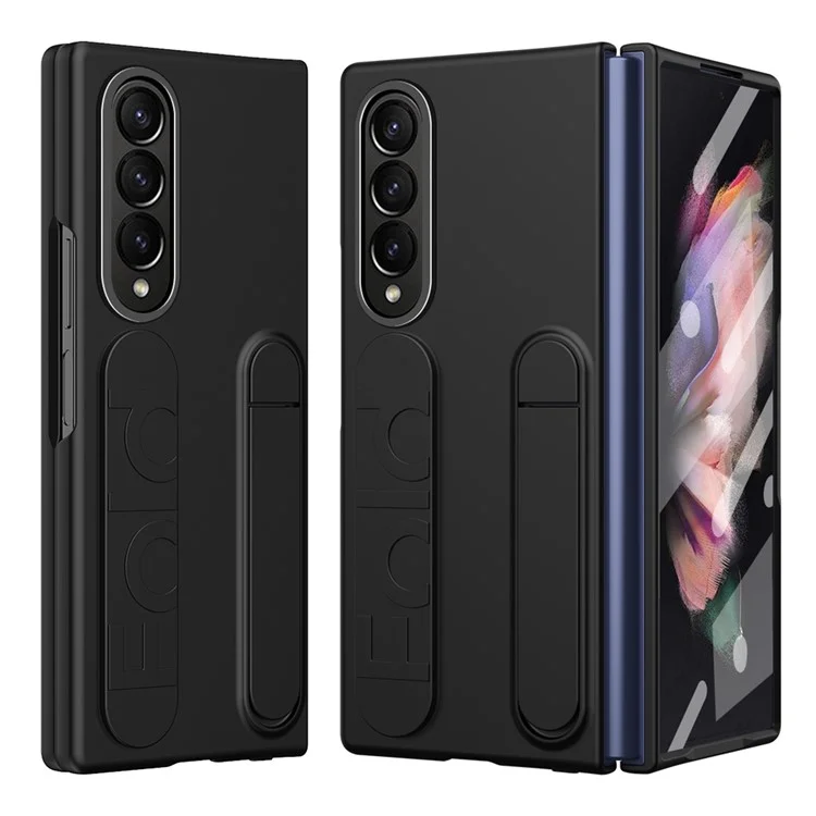 For Samsung Galaxy Z Fold3 5G Case Kickstand Wristband PC Phone Cover with Tempered Glass Film - Black