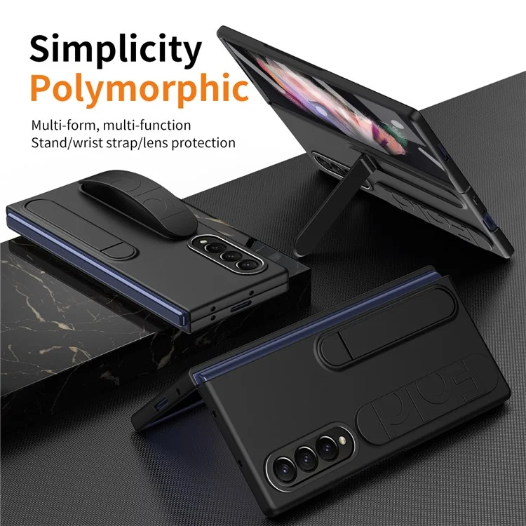 For Samsung Galaxy Z Fold3 5G Case Kickstand Wristband PC Phone Cover with Tempered Glass Film - Black