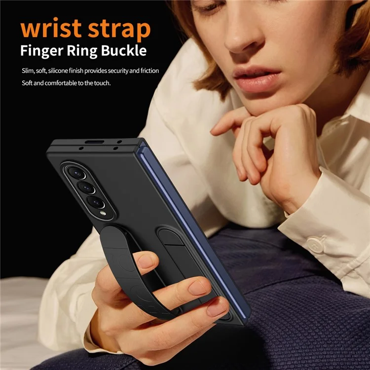For Samsung Galaxy Z Fold3 5G Case Kickstand Wristband PC Phone Cover with Tempered Glass Film - Black