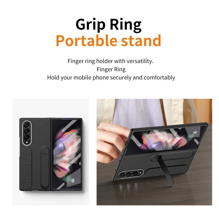 For Samsung Galaxy Z Fold3 5G Case Kickstand Wristband PC Phone Cover with Tempered Glass Film - Black