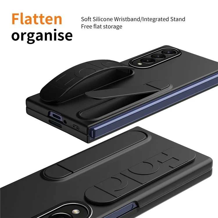 For Samsung Galaxy Z Fold3 5G Case Kickstand Wristband PC Phone Cover with Tempered Glass Film - Black
