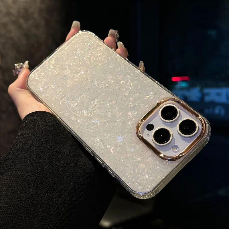 Para iPhone 16 Pro Case IMD Shell Pattern PC+TPU Phone Cover - Branco Transparente