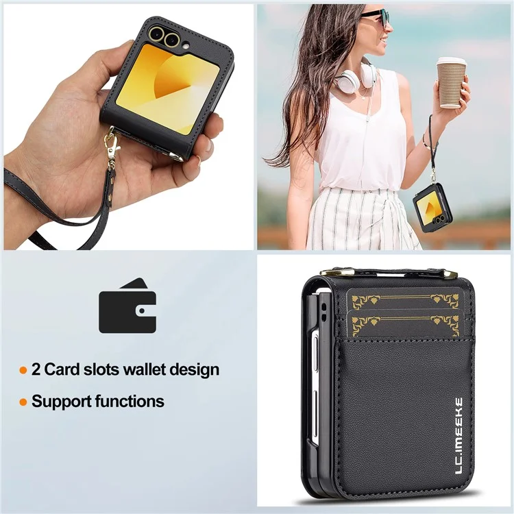 Lc. Imeeke Pour Samsung Galaxy Z Flip5 5G Courture de Case + pc Couverture pc Avec Straps Sostes de Carte - Noir
