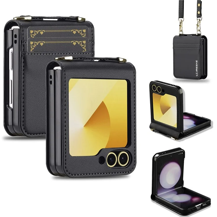 LC.IMEEKE for Samsung Galaxy Z Flip6 5G Case Leather+PC Phone Cover with Straps Card Slots - Black