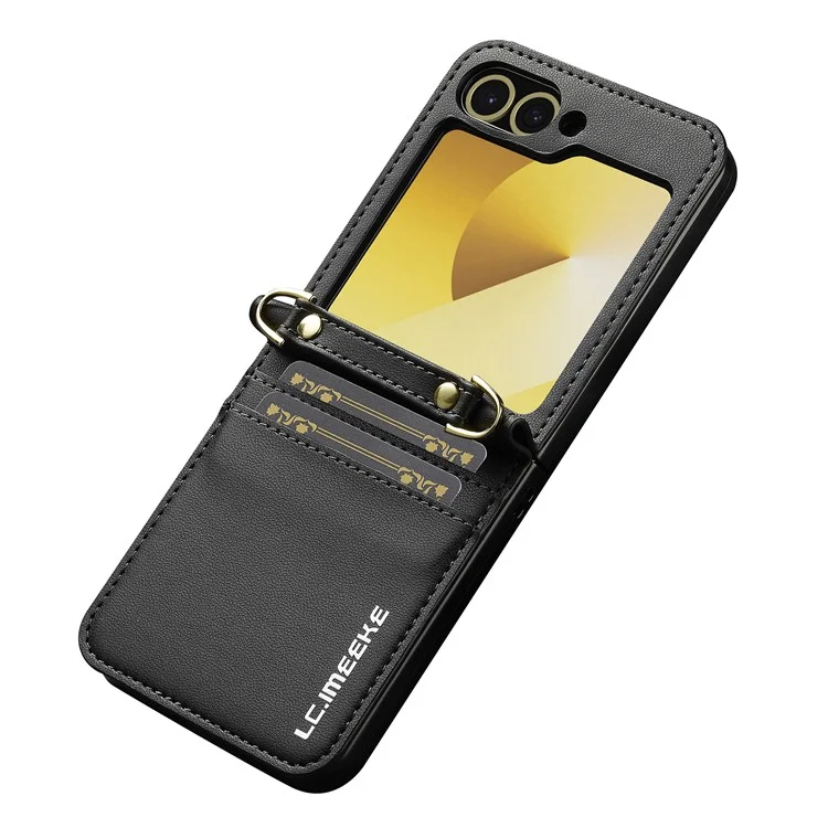 LC.IMEEKE for Samsung Galaxy Z Flip6 5G Case Leather+PC Phone Cover with Straps Card Slots - Black