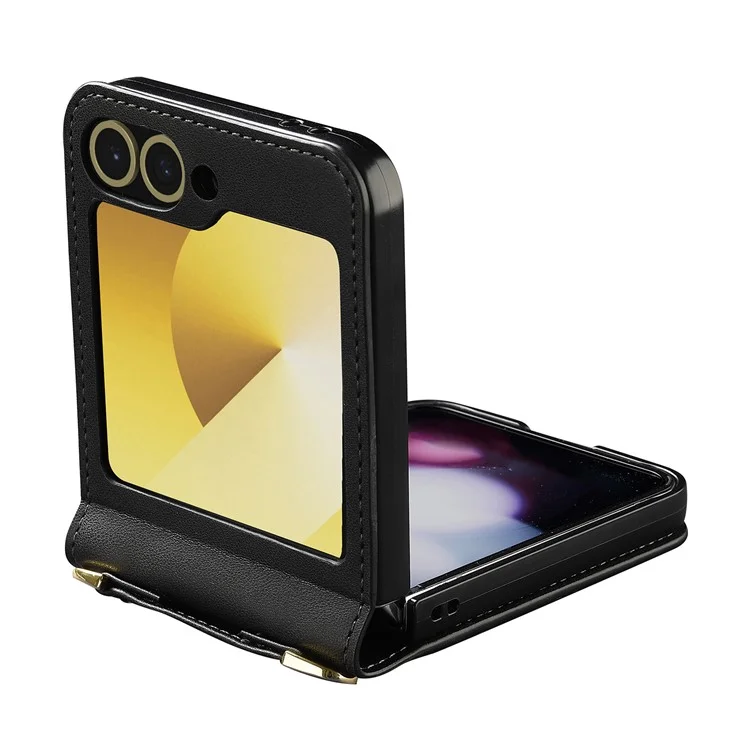 LC.IMEEKE for Samsung Galaxy Z Flip6 5G Case Leather+PC Phone Cover with Straps Card Slots - Black