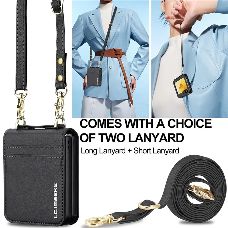 LC.IMEEKE for Samsung Galaxy Z Flip6 5G Case Leather+PC Phone Cover with Straps Card Slots - Black