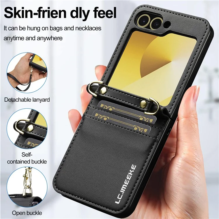 LC.IMEEKE for Samsung Galaxy Z Flip6 5G Case Leather+PC Phone Cover with Straps Card Slots - Black