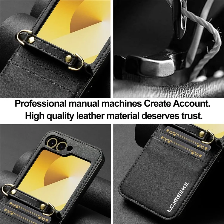 LC.IMEEKE for Samsung Galaxy Z Flip6 5G Case Leather+PC Phone Cover with Straps Card Slots - Black