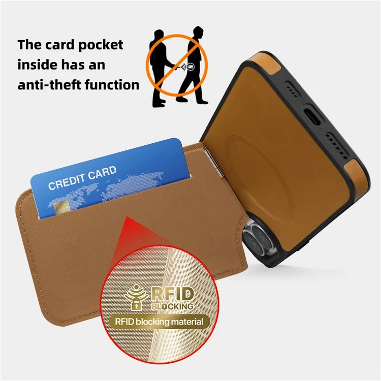 Para Iphone 16 Case Compatível Com MagSafe RFID Bloqueio de Blocking Slot Leather Back Cover - Marrom