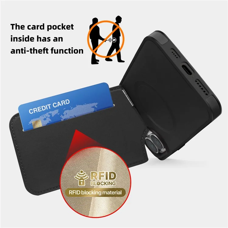 Для iPhone 16 Plus Case Compatible with MagSafe RFID Blocking Card Slot Leather Back Cover - Black