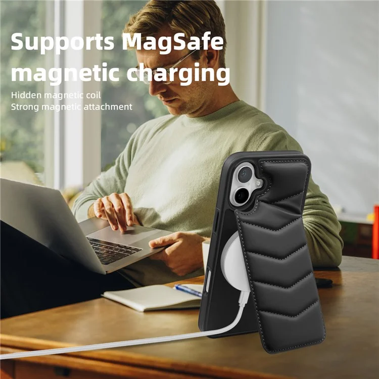 Для iPhone 16 Plus Case Compatible with MagSafe RFID Blocking Card Slot Leather Back Cover - Black