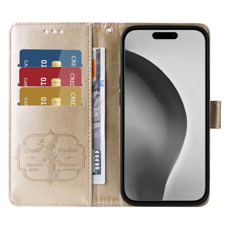 For iPhone 16 Pro Max Leather Case Butterfly Floral Imprint Wallet Stand Cover - Gold