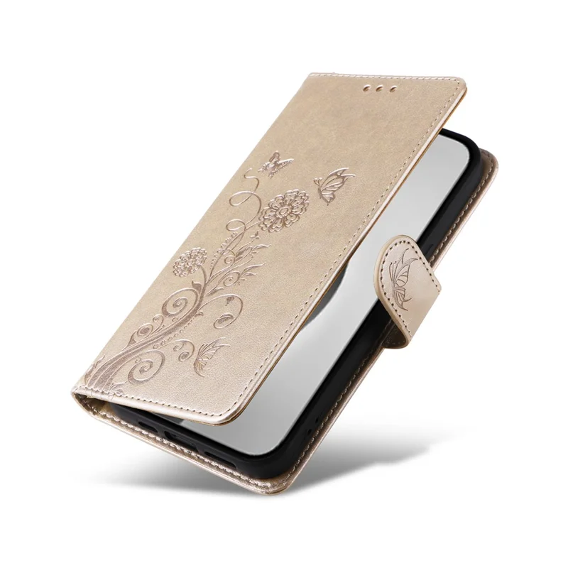 For iPhone 16 Pro Max Leather Case Butterfly Floral Imprint Wallet Stand Cover - Gold