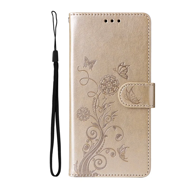 For iPhone 16 Pro Max Leather Case Butterfly Floral Imprint Wallet Stand Cover - Gold