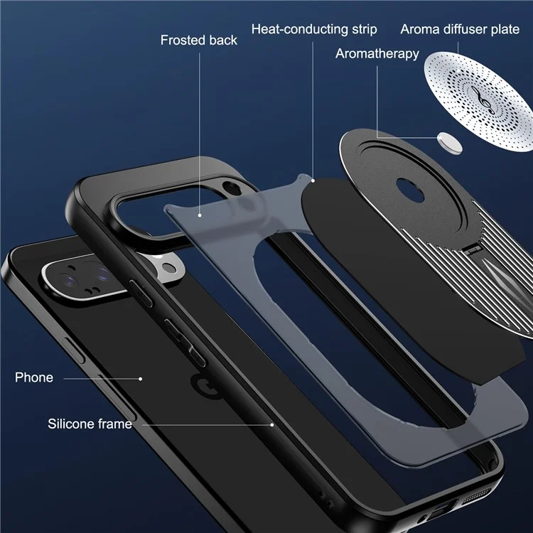 For Google Pixel 9 / 9 Pro Case Compatible with MagSafe Heat Dissipation Aromatherapy Kickstand Silicone+PC Phone Cover - Black