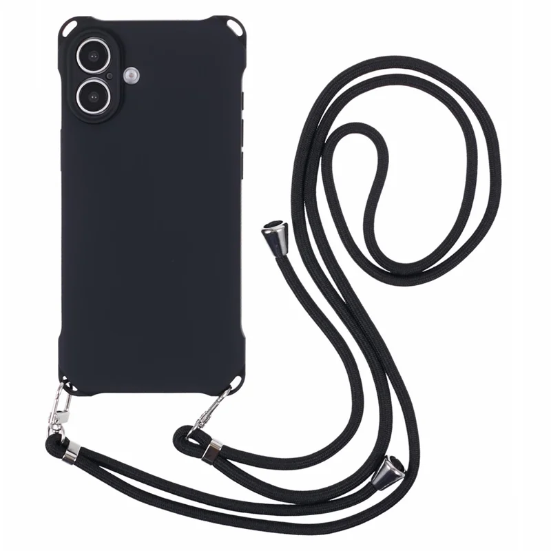 For iPhone 16 Plus Case Four Corner Anti Drop TPU Phone Cover with Hanging Rope - Black