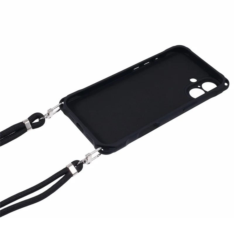 For iPhone 16 Plus Case Four Corner Anti Drop TPU Phone Cover with Hanging Rope - Black