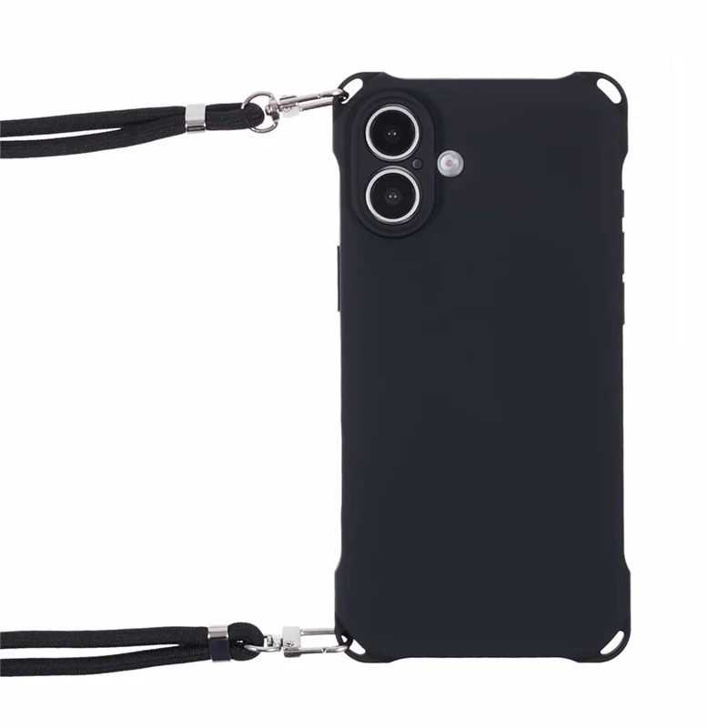 For iPhone 16 Plus Case Four Corner Anti Drop TPU Phone Cover with Hanging Rope - Black