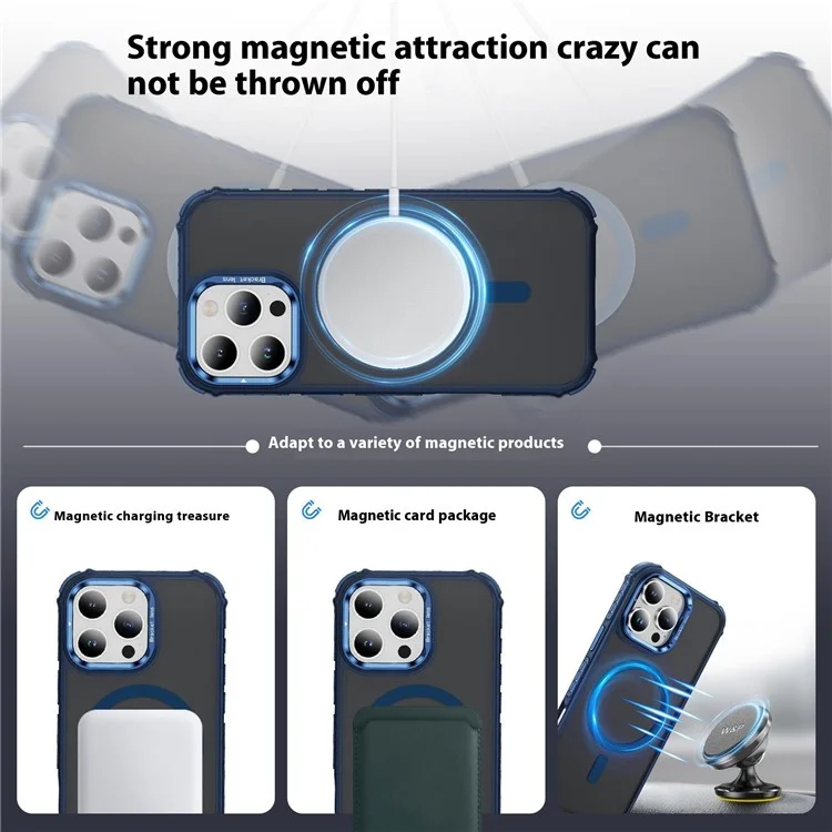 For iPhone 15 Pro Max Case with Lens Kickstand Matte Back Cover Compatible with MagSafe - Blue