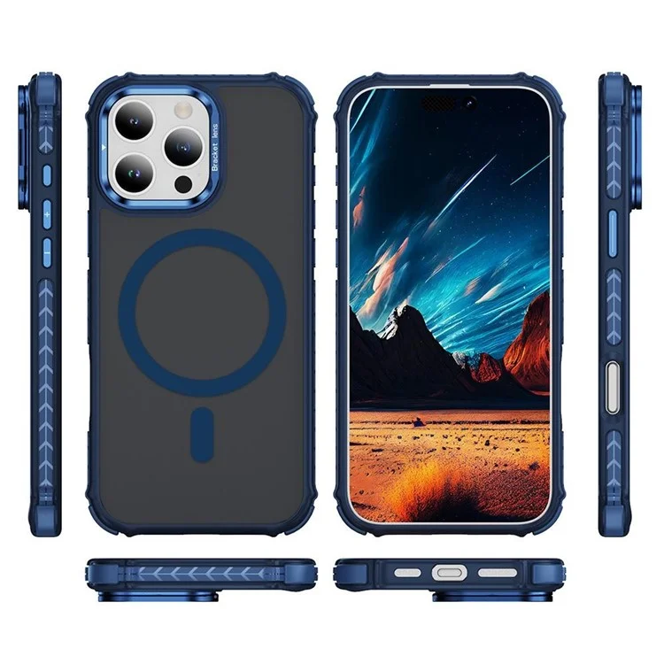 For iPhone 15 Pro Max Case with Lens Kickstand Matte Back Cover Compatible with MagSafe - Blue